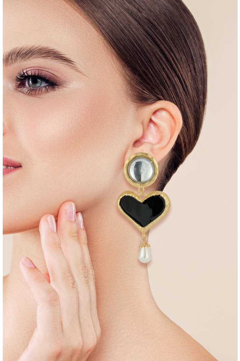Enamel Heart & Faux Pearl Drop Earrings, Alternate, color, GOLD