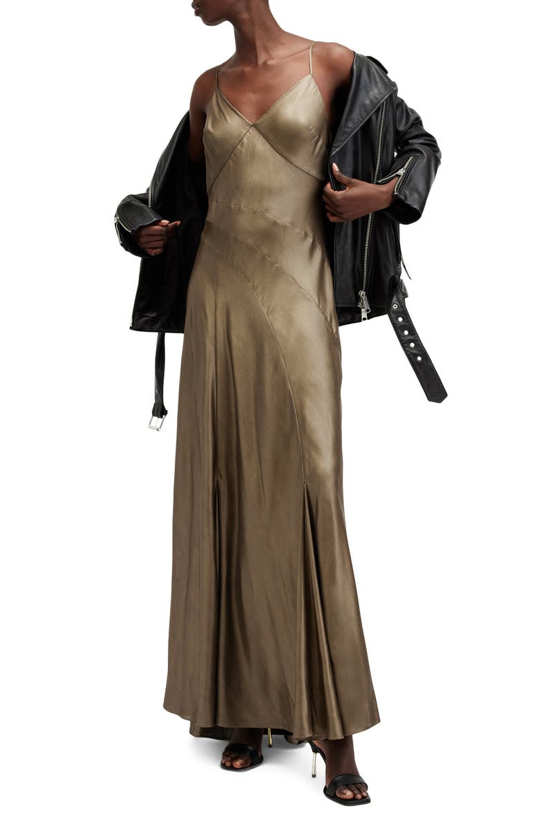 AllSaints Lili Maxi Dress, Alternate, color, Metallic Gold