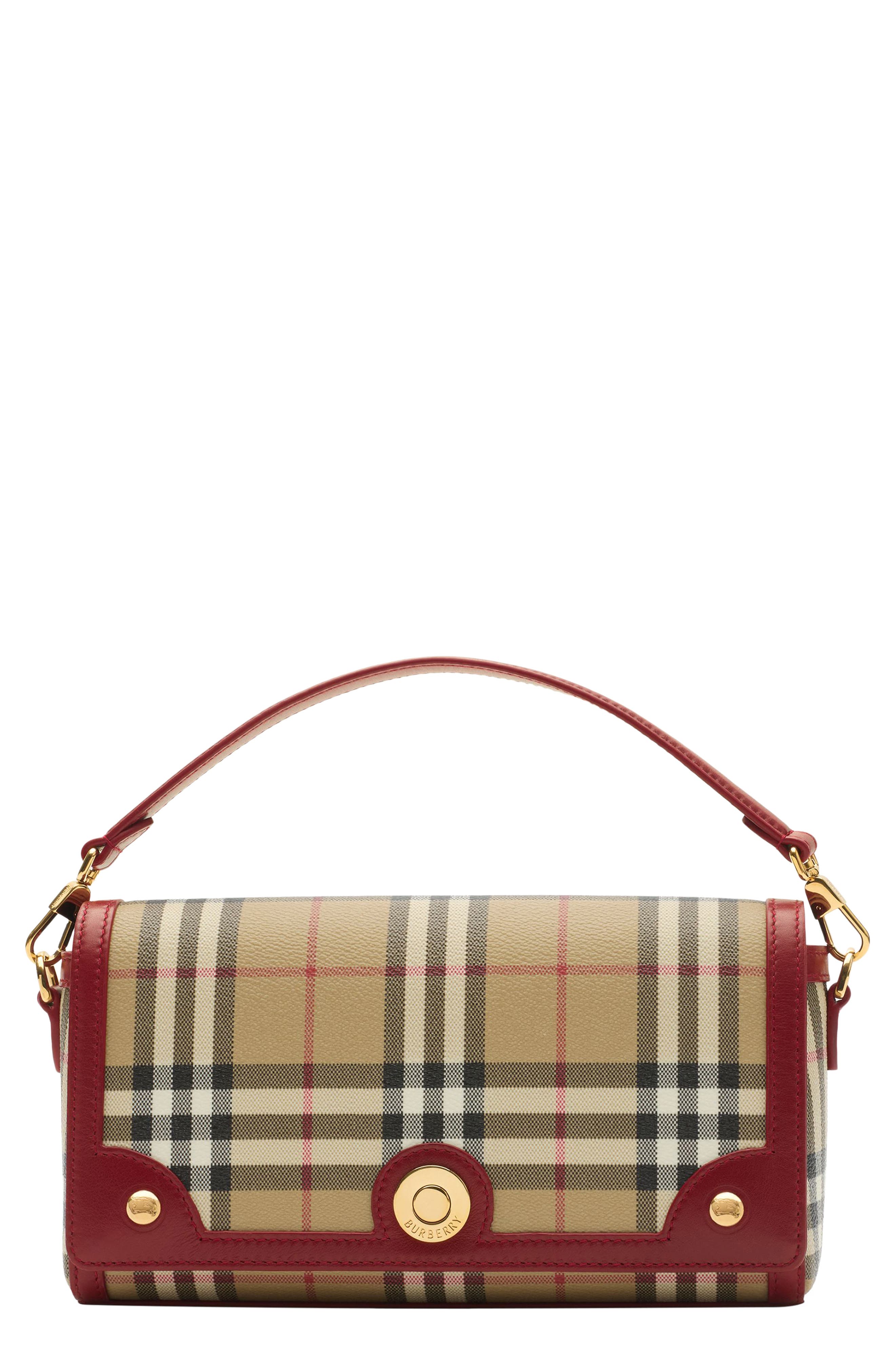 Burberry Small Note Check & Leather Crossbody Bag, Main, color, Vintage Check/ Ruby