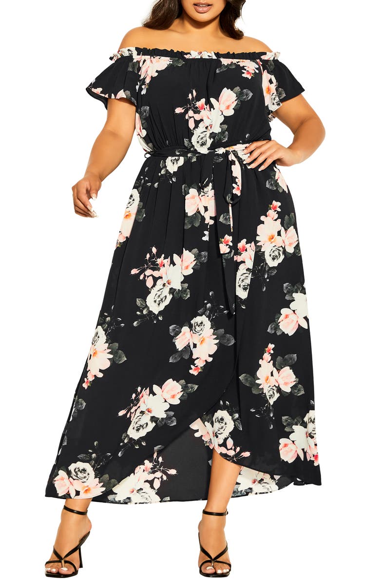 City Chic Lotus Tie Off the Shoulder Dress, Main, color,