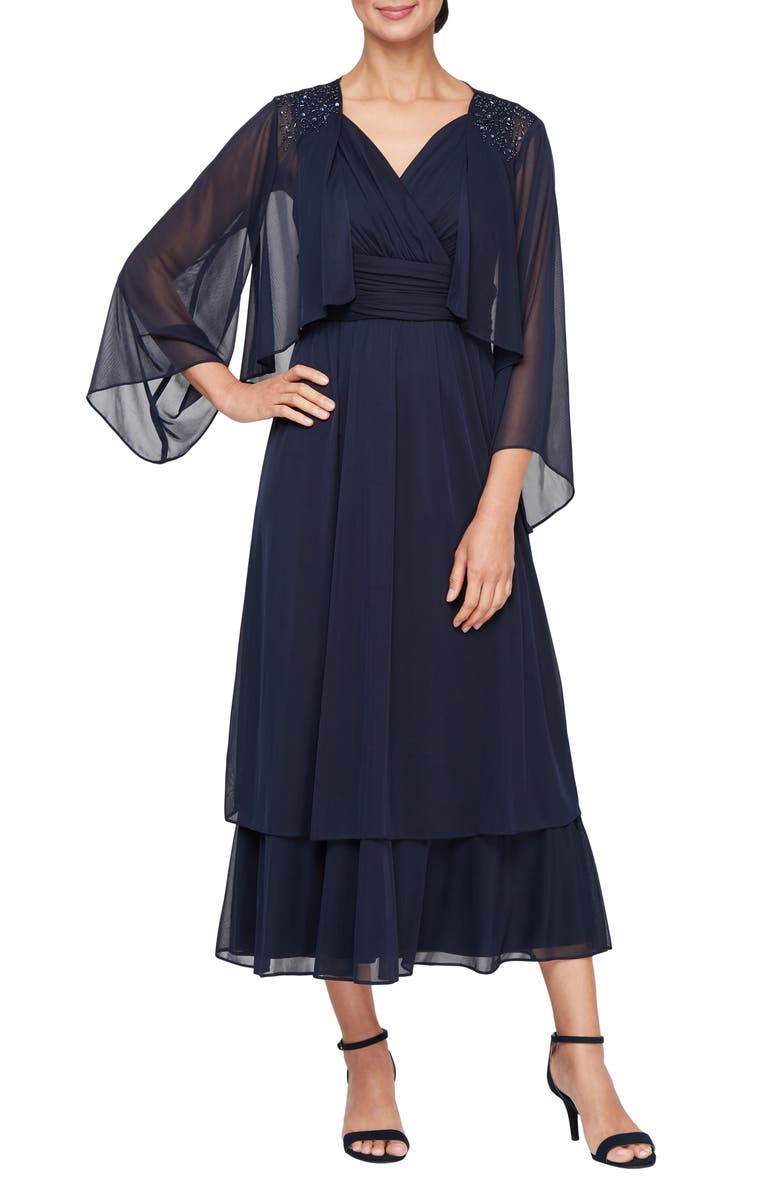 SL FASHIONS Tiered Midi Dress with Jacket, Main, color, Navy
