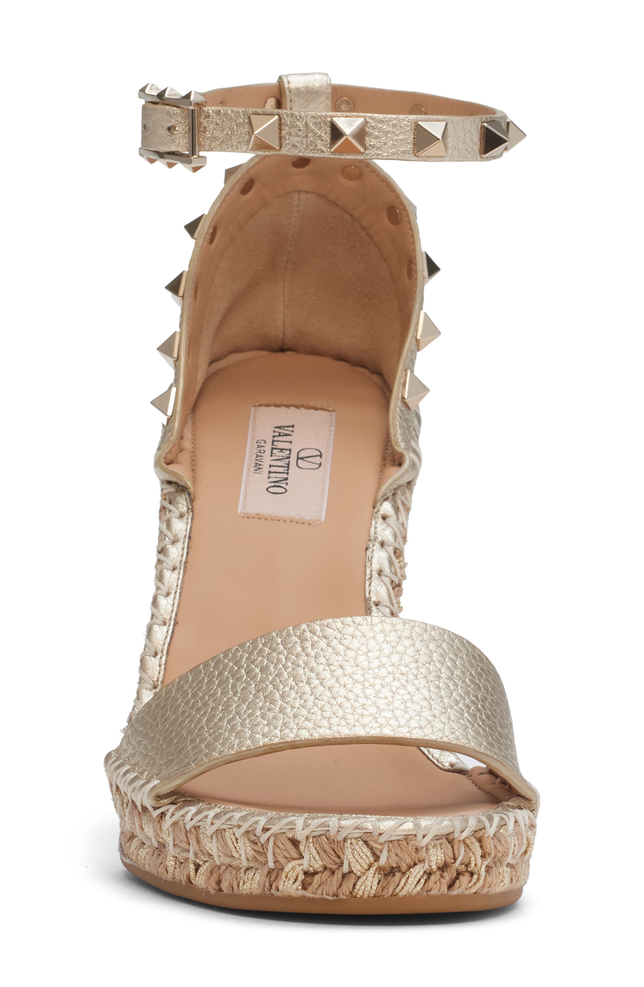 Valentino Garavani Rockstud Metallic Espadrille Wedge Sandal, Alternate, color, Platinum