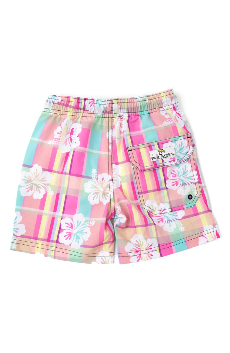 Shade Critters Kids' Hibiscus Plaid UPF 50+ Swim Shorts, Alternate, color, Pink Multi