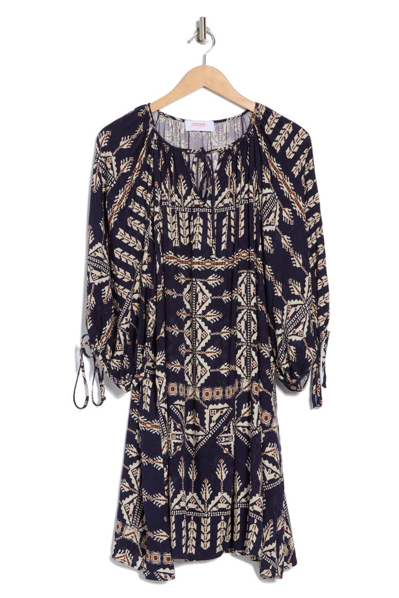 Boho Long Sleeve Tunic Dress, Alternate, color, NAVY