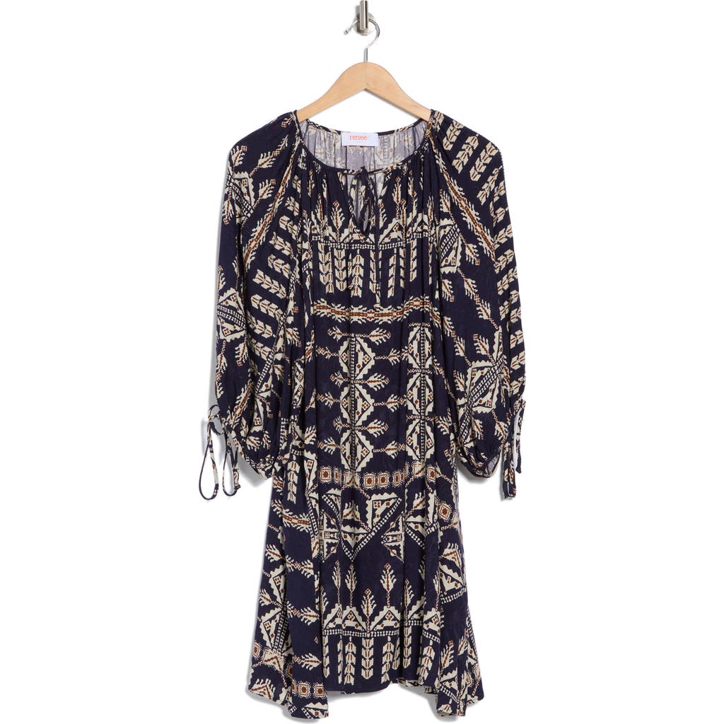 Renee C Boho Long Sleeve Tunic Dress In Navy