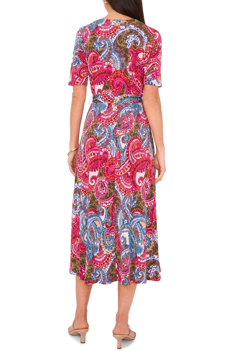 Faux Wrap Midi Dress, Alternate, color, OLIVE FUSCHIA RUST