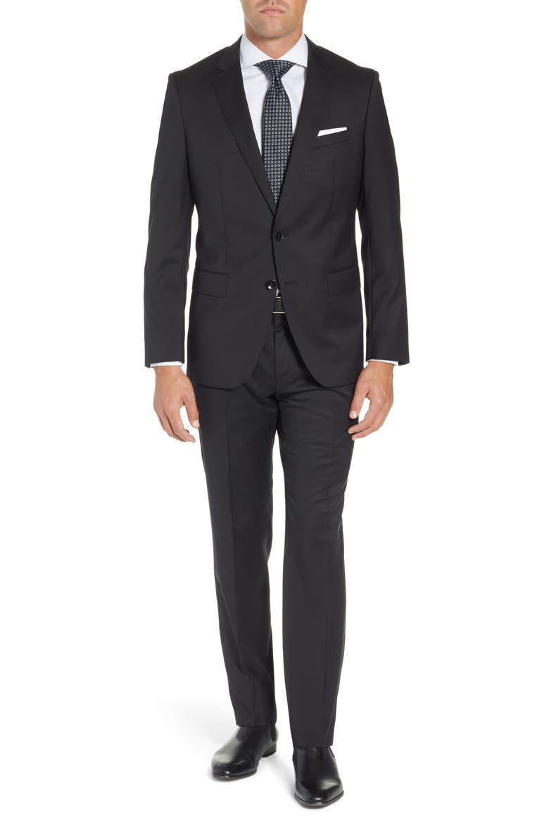 Genius Trim Fit Solid Wool Suit, Main, color, BLACK