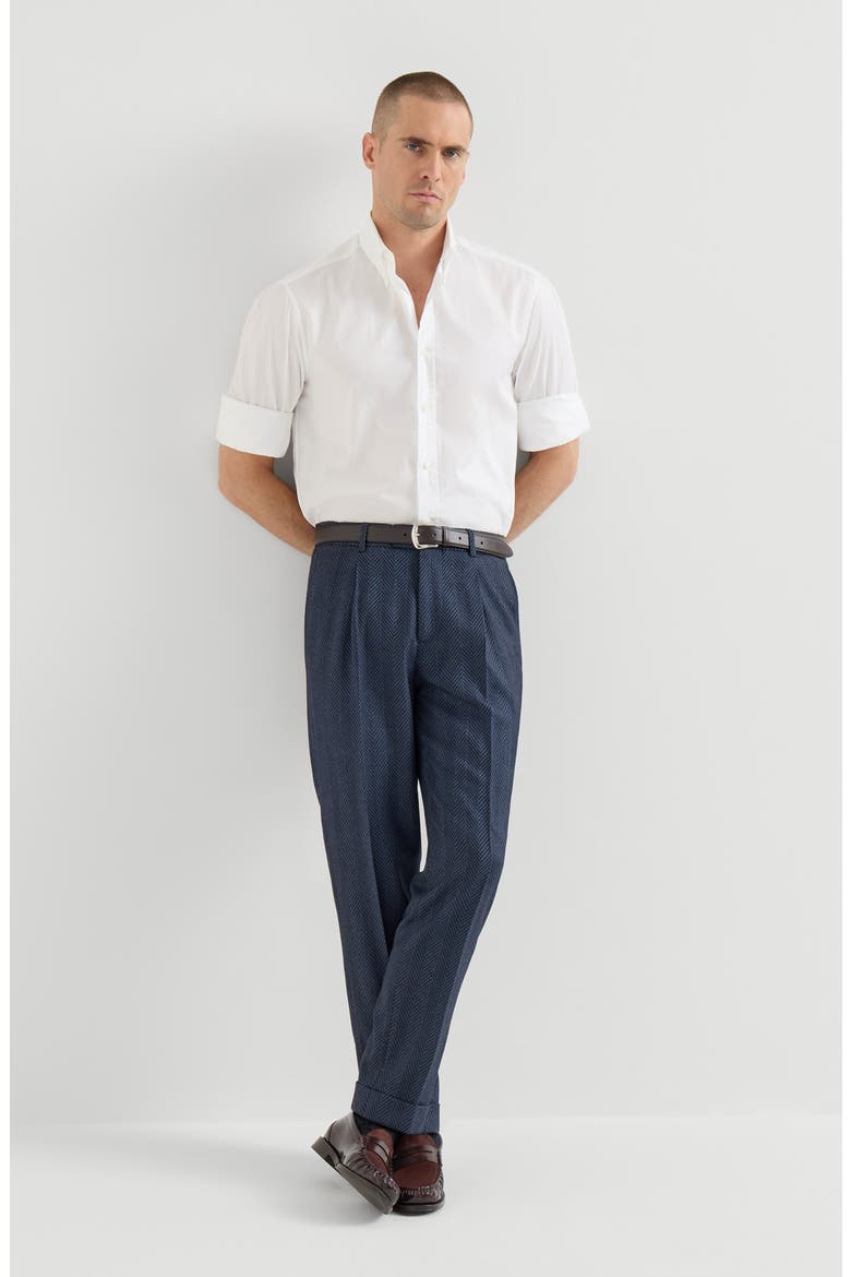 Cashmere and silk chevron flannel trousers with pleat, Alternate, color, Navy Blue