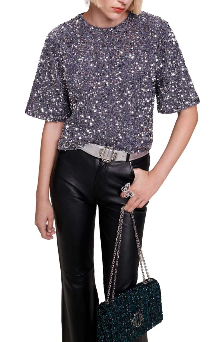 maje Sequin Velvet Crop Top, Alternate, color,