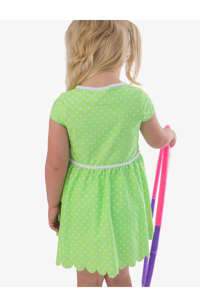 RuffleButts UPF50+ Active Short Sleeve Bow Dress 
Bike Short Set, Alternate, color, Neon Honeydew Polka Dot
