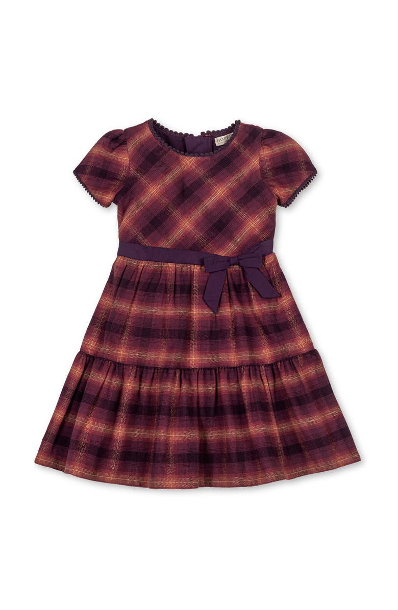Hope & Henry Kids' Organic Puff Sleeve Tiered Flannel Dress with Sash, Main, color, Sugar Plum Plaid