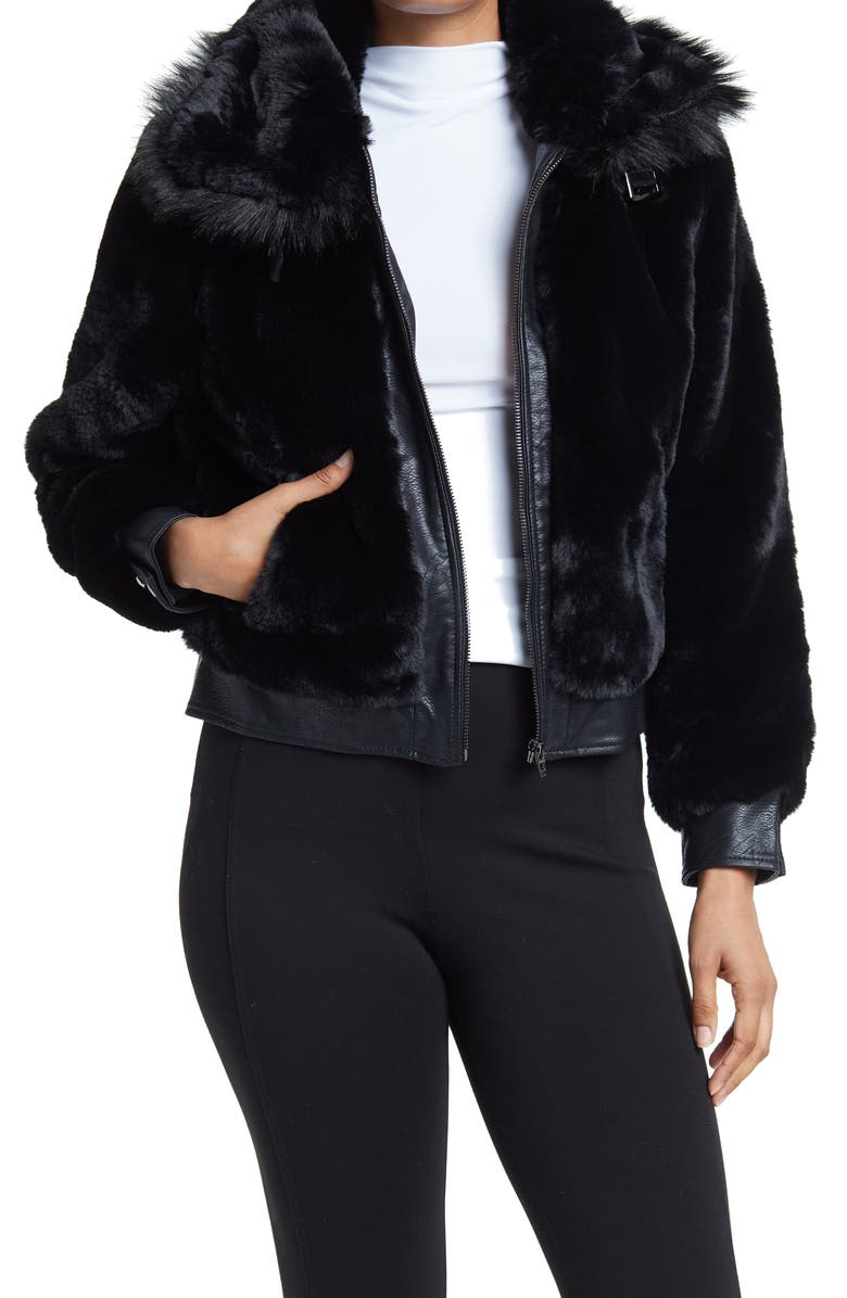 BLANKNYC Faux Fur & Faux Leather Crop Jacket, Main, color, Black Noise