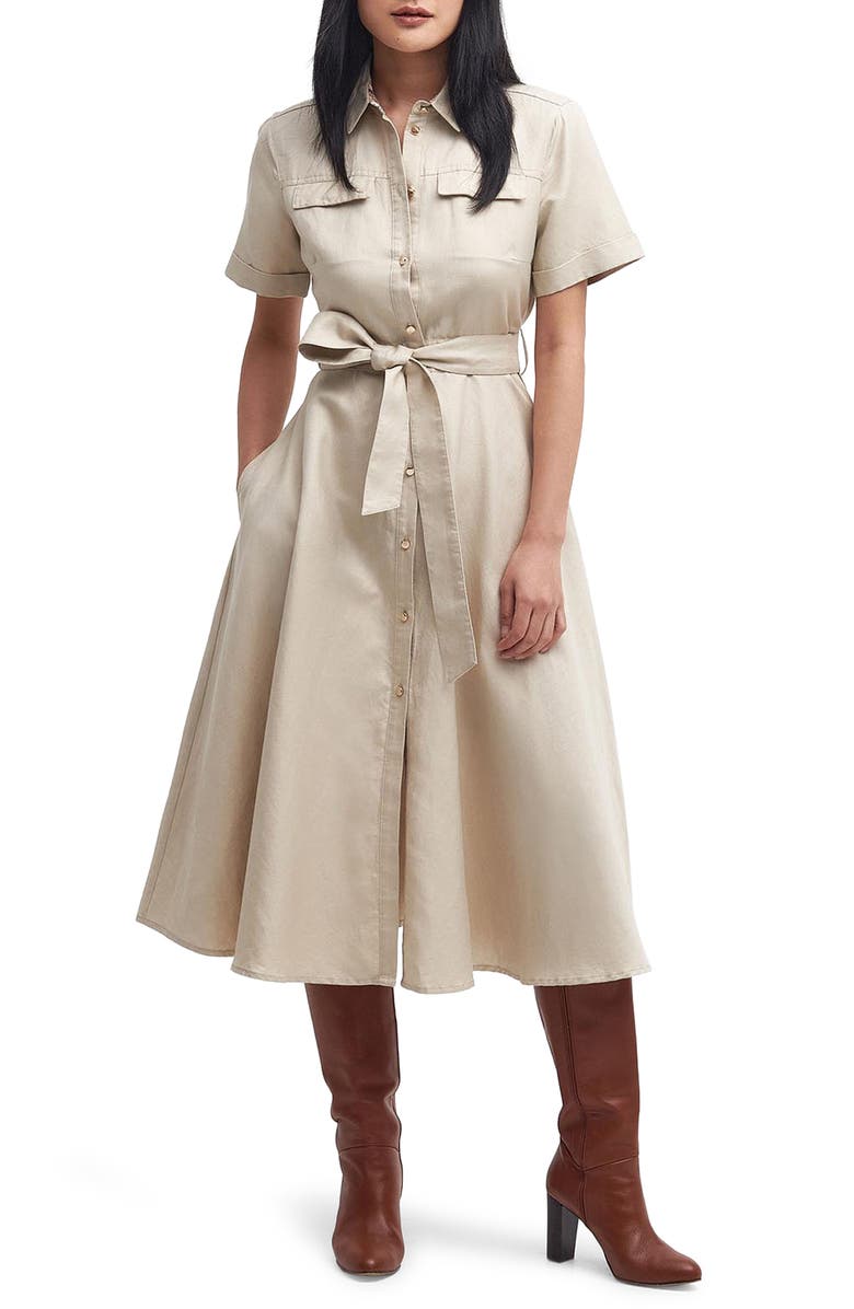 Barbour Margaret Tie Belt Linen & Cotton Midi Shirtdress, Main, color, Safari
