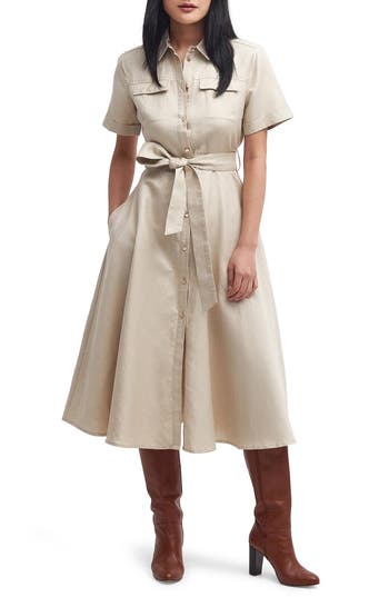 Barbour Margaret Tie Belt Linen & Cotton Midi Shirtdress In Brown