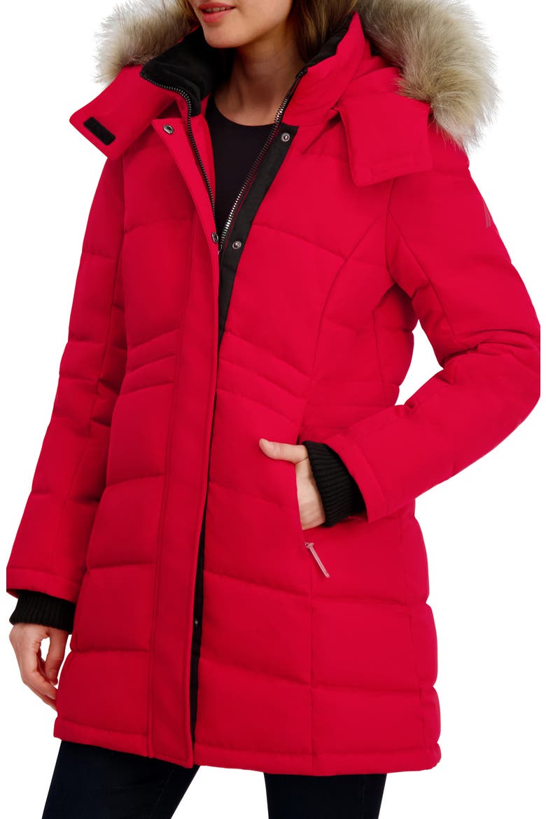 Faux Fur Trim Puffer Jacket, Alternate, color, RED