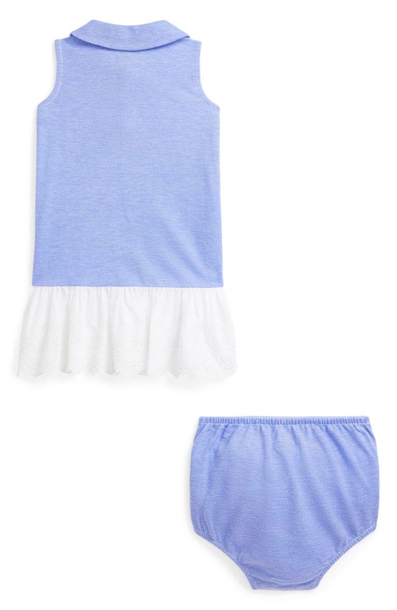 Ralph Lauren Sleeveless Cotton Piqué Eyelet Ruffle Polo Dress & Bloomers, Alternate, color, Harbor Island Blue Multi