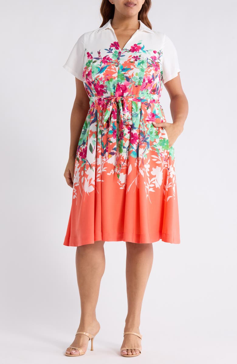 Tahari ASL Floral Print Shirtdress, Main, color, Coral Floral