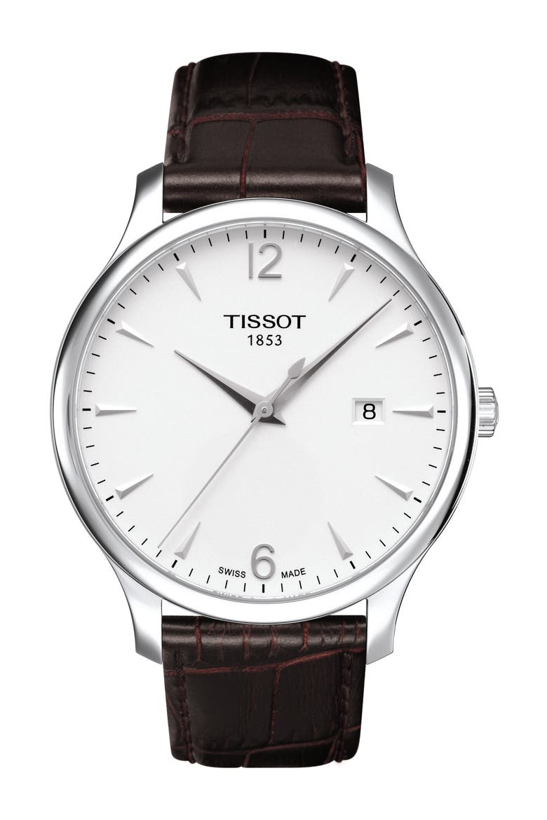 Tradition Leather Strap Watch, 42mm, Main, color, BROWN/ SILVER