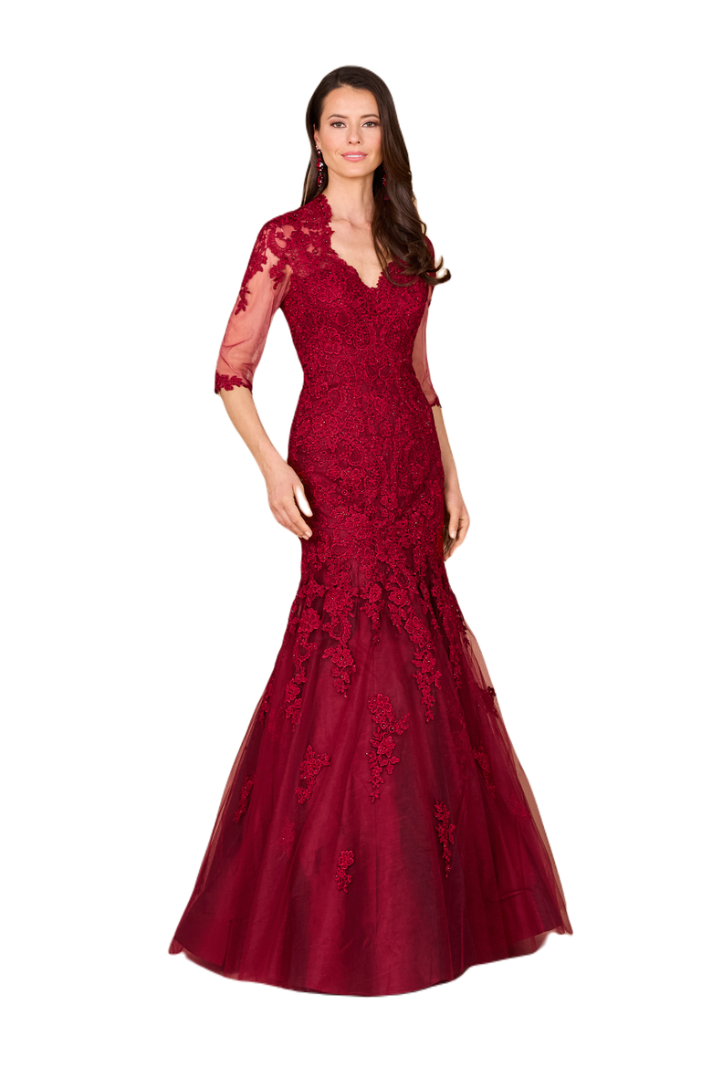 Long Sleeve, Mermaid Lace Gown, Main, color, Dark Red