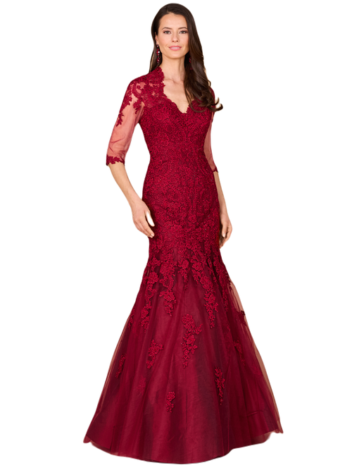 Lara New York Long Sleeve, Mermaid Lace Gown In Dark Red