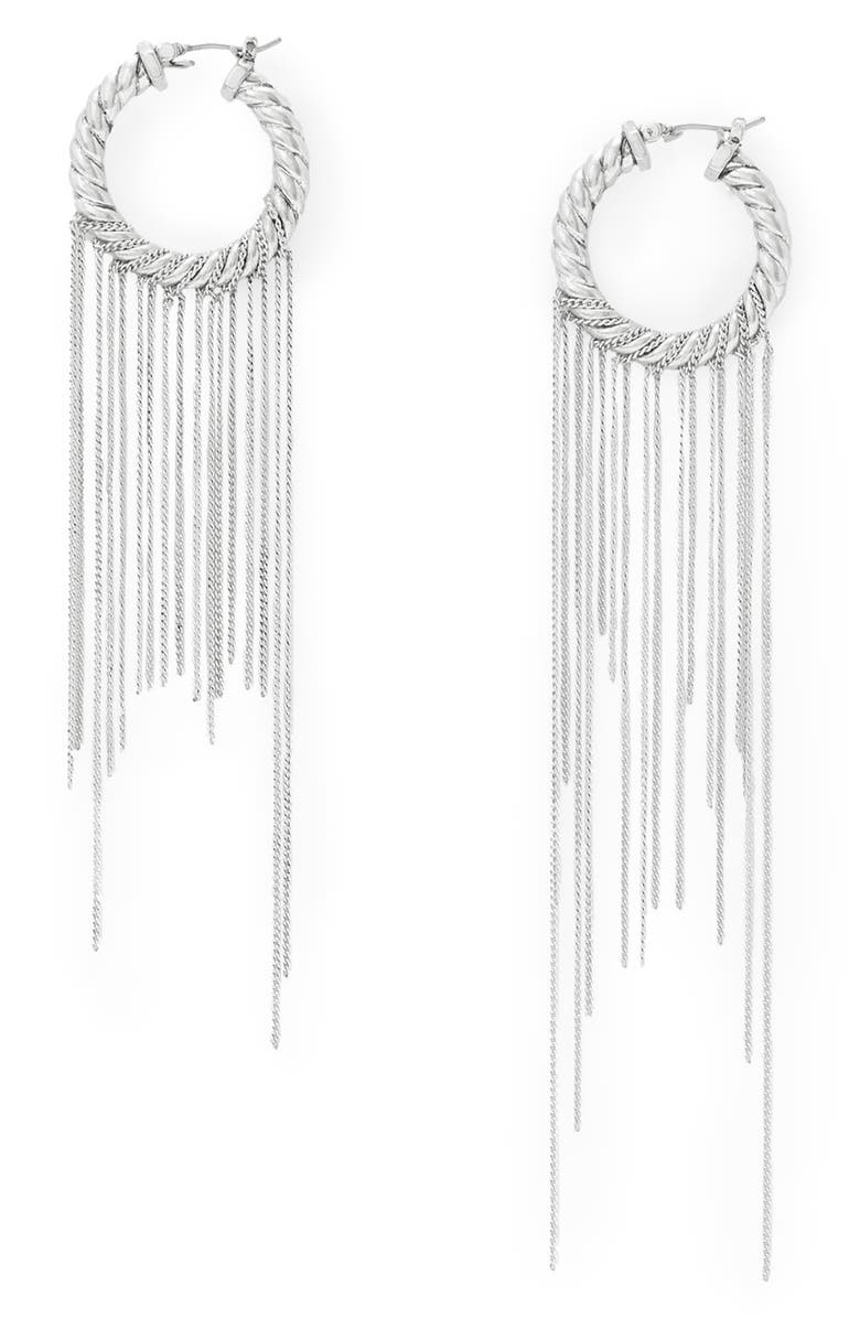 AllSaints Chain Fringe Hoop Earrings, Main, color, Rhodium