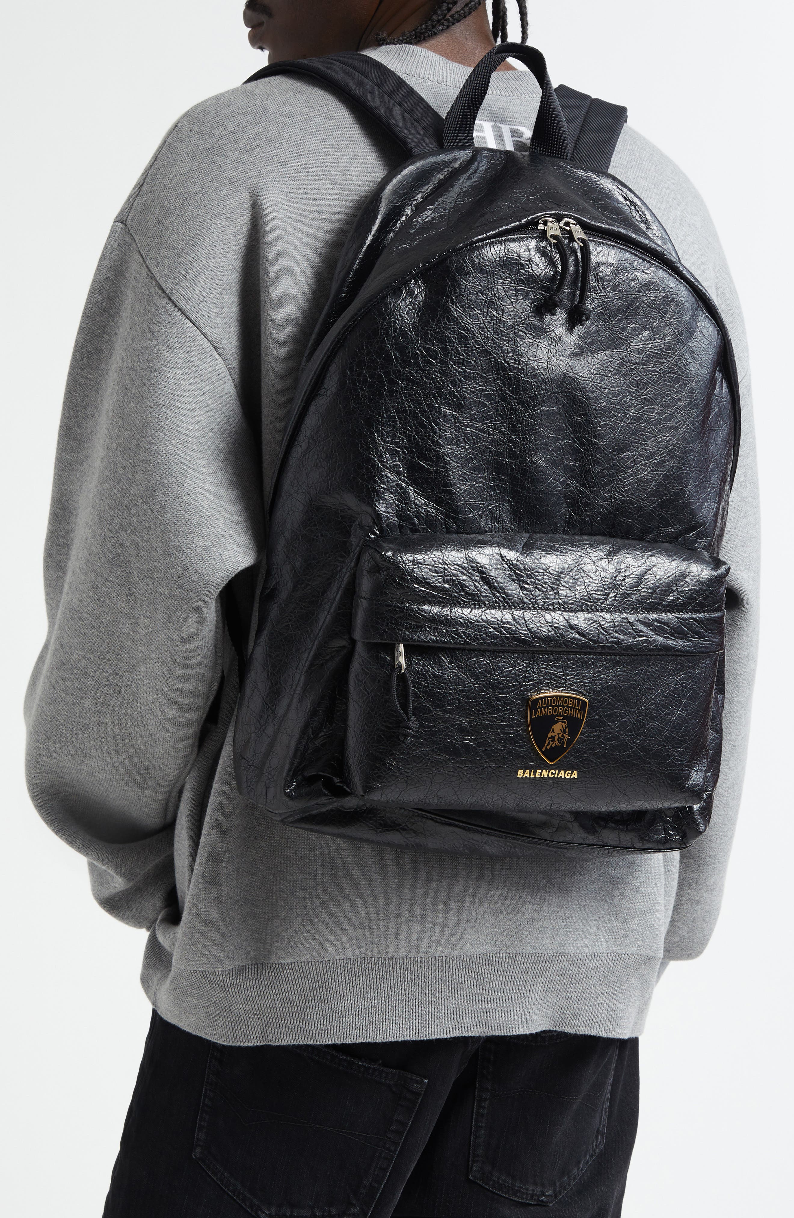 Balenciaga x Automobili Lamborghini Explorer Leather Backpack, Alternate, color, 1000 Black