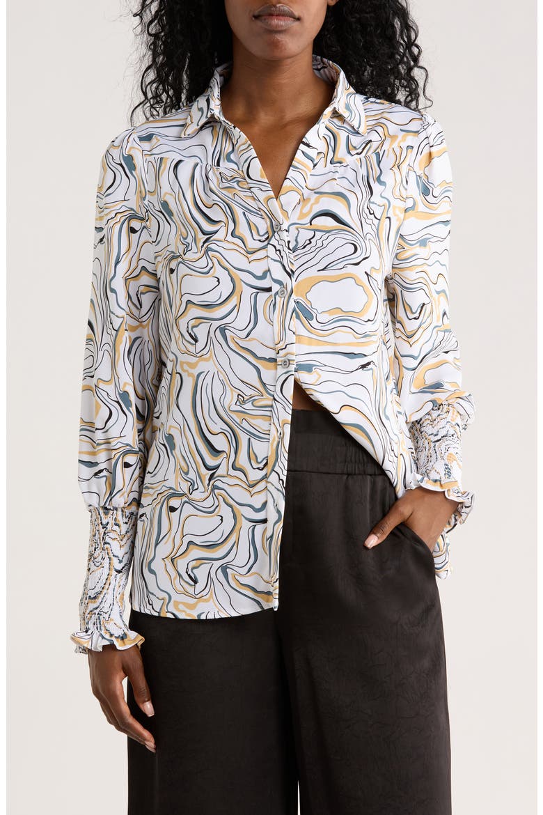 Smocked Cuff Button-Up Top, Main, color, OFF WHITE