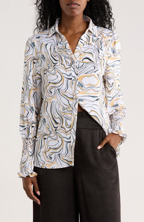 Smocked Cuff Button-Up Top