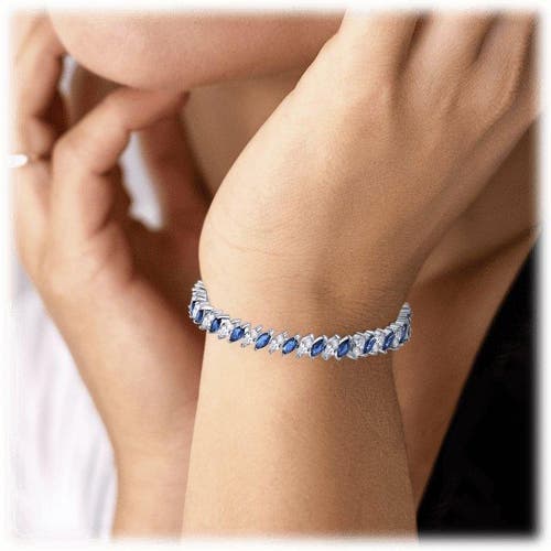Hollywood Sensation Tennis Bracelet With Marquise Cut Sapphire And Clear Aaa+ Cubic Zirconia In Blue