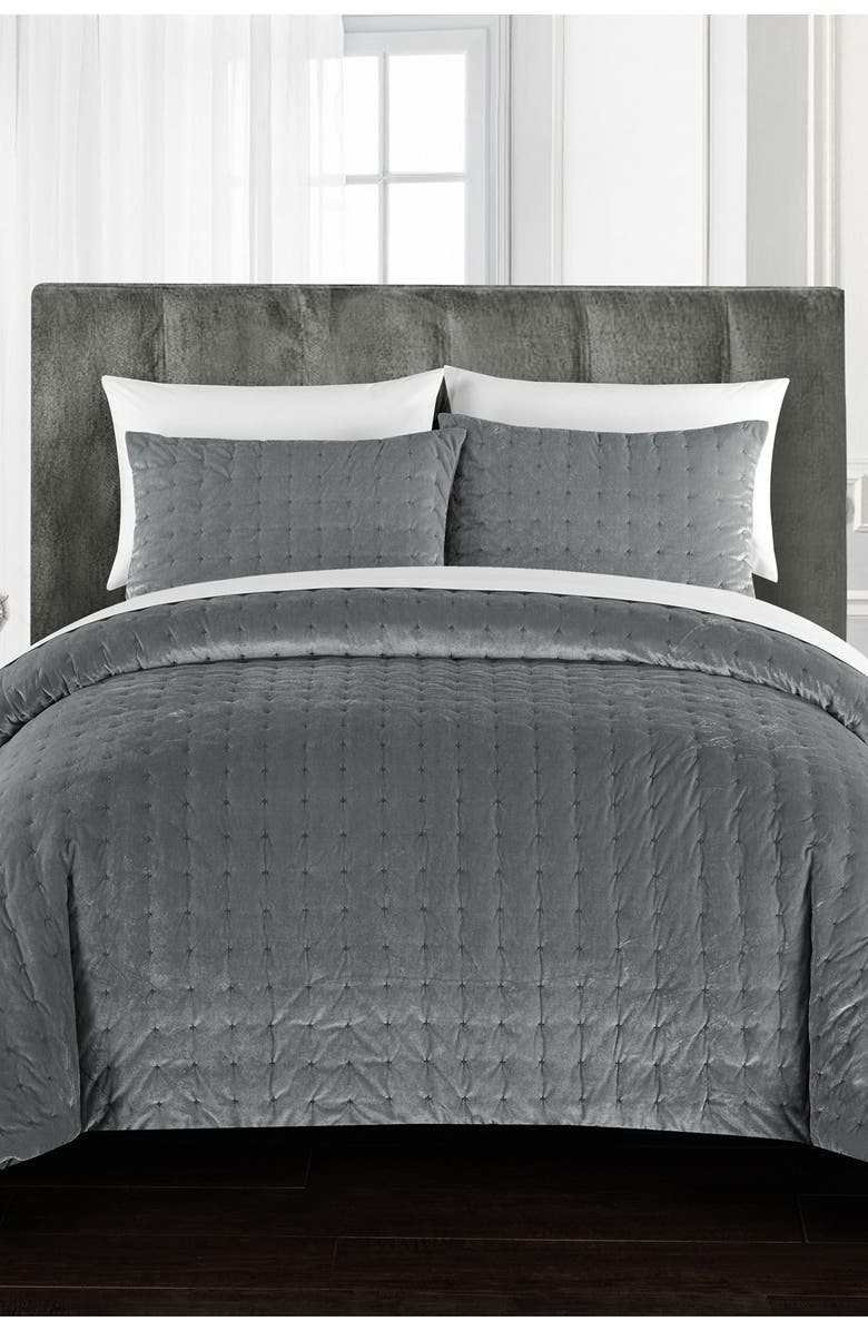 CHIC Chaya Rich Quilted Hand-Stitched Velvet King Comforter Set - Grey, Main, color,