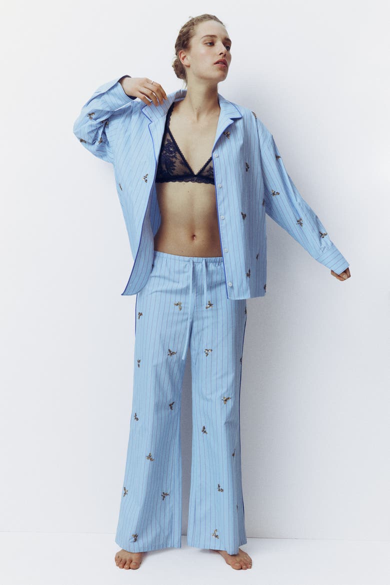 Embellished Cotton Pyjama Shirt, Alternate, color, Light blue/striped