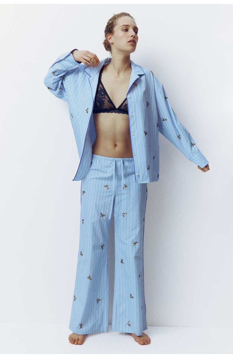 H&M Embellished Cotton Pyjama Shirt, Alternate, color, Light Blue/Striped