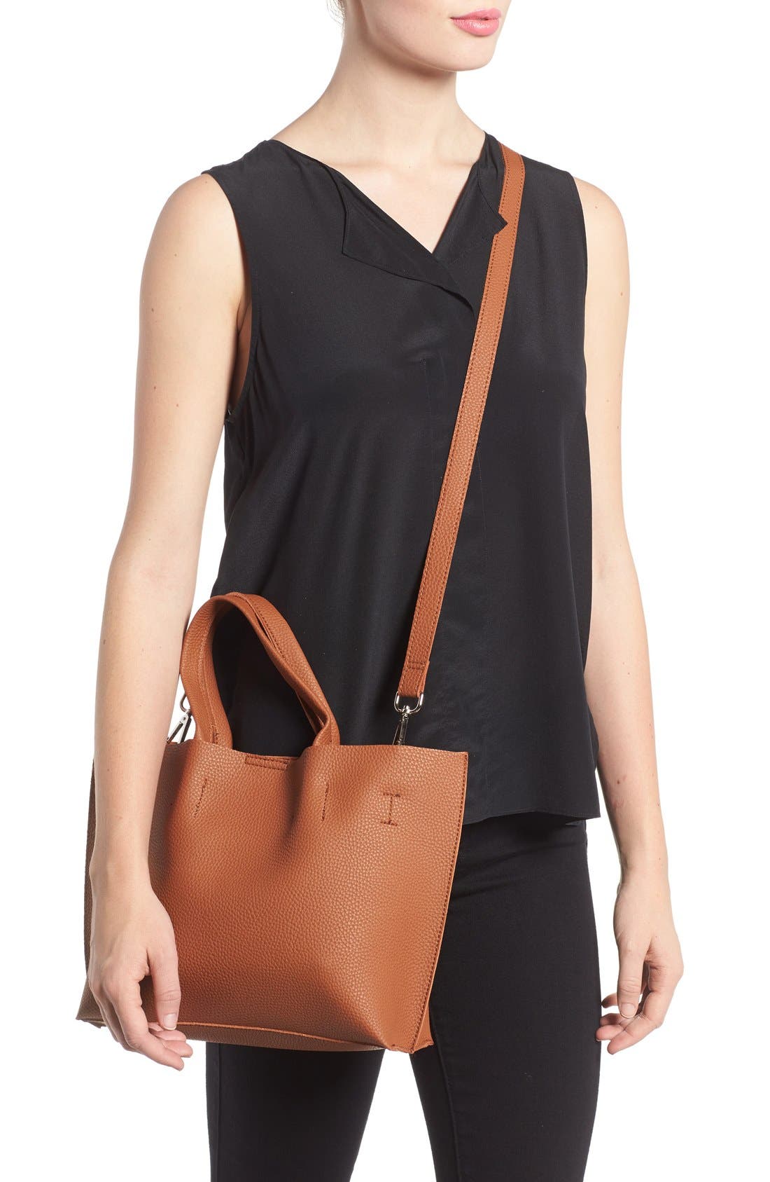 Faux Leather Crossbody Mini Tote & Wristlet, Alternate, color, BROWN
