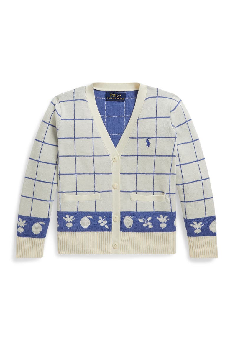 Kids' Windowpane V-Neck Cotton Cardigan, Main, color, CLUBHOUSE CREAM/ INDIGO SKY MU