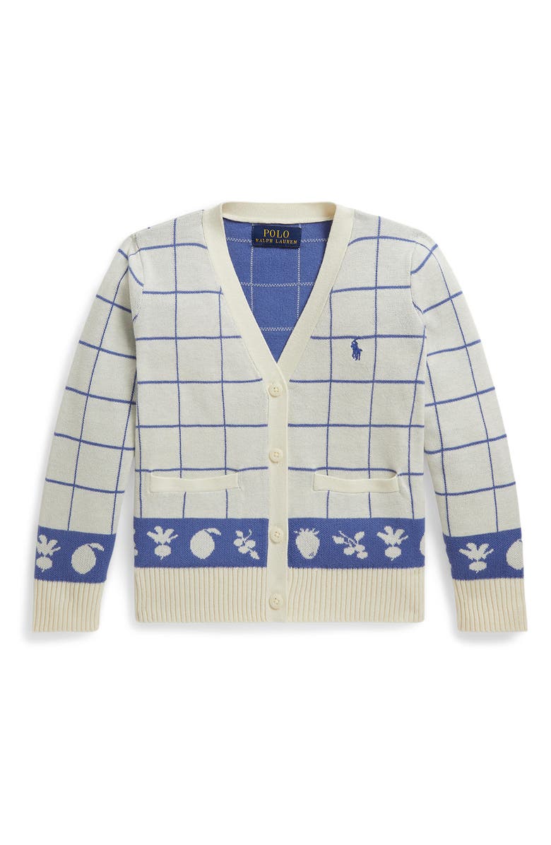 Polo Ralph Lauren Kids' Windowpane V-Neck Cotton Cardigan, Main, color, Clubhouse Cream/ Indigo Sky Mu
