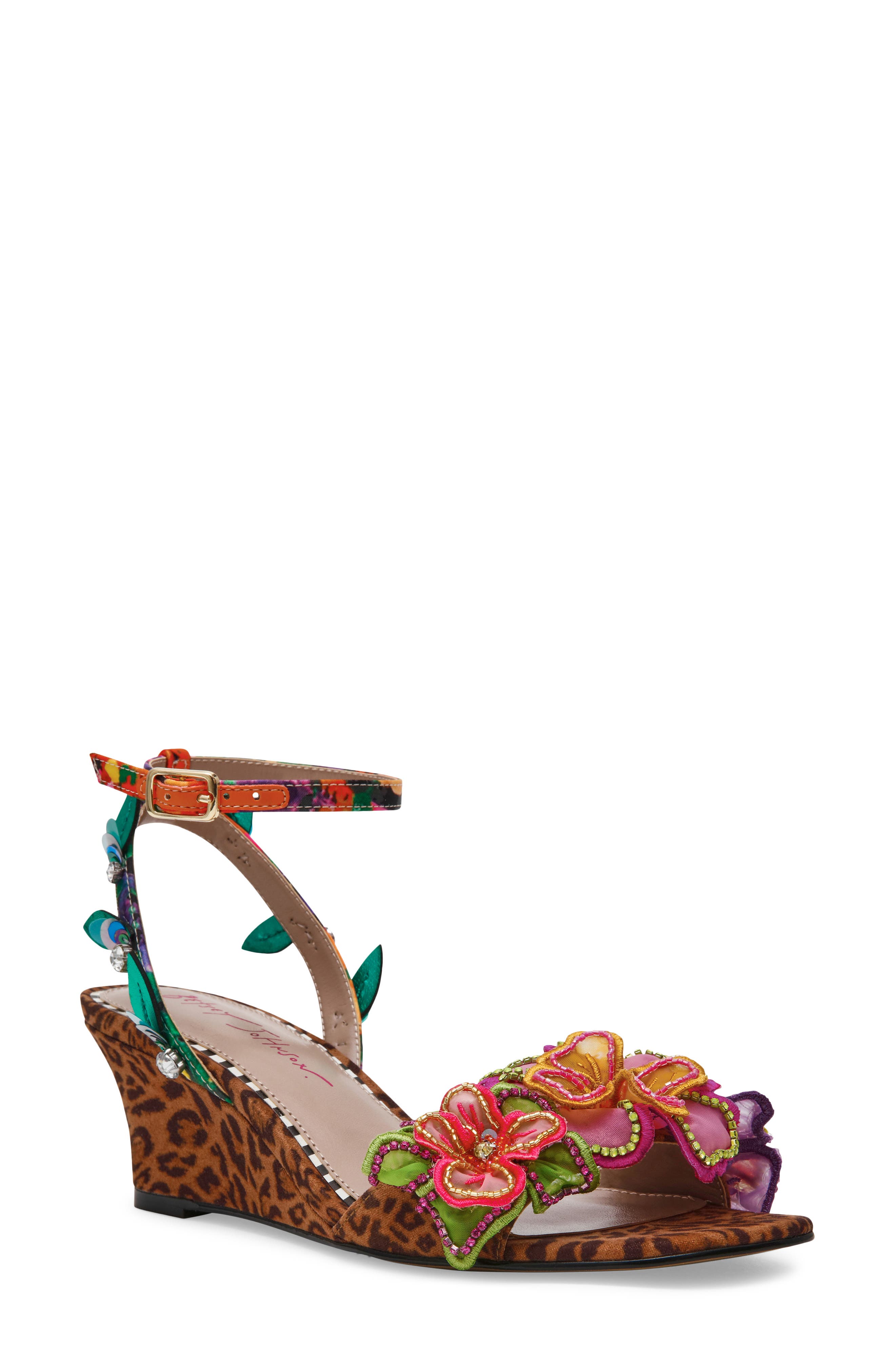 Betsey Johnson Spenser Ankle Strap Wedge Sandal, Main, color, Leopard Multi