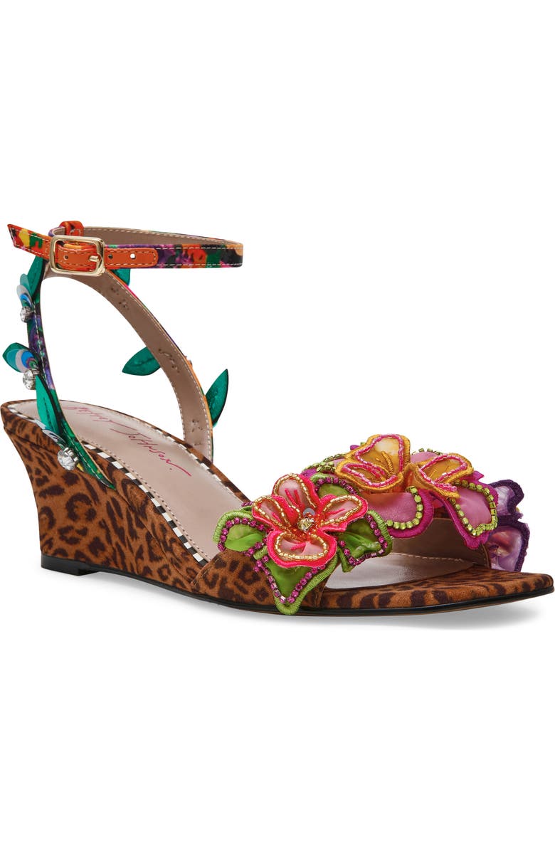 Betsey Johnson Spenser Ankle Strap Wedge Sandal, Main, color, Leopard Multi