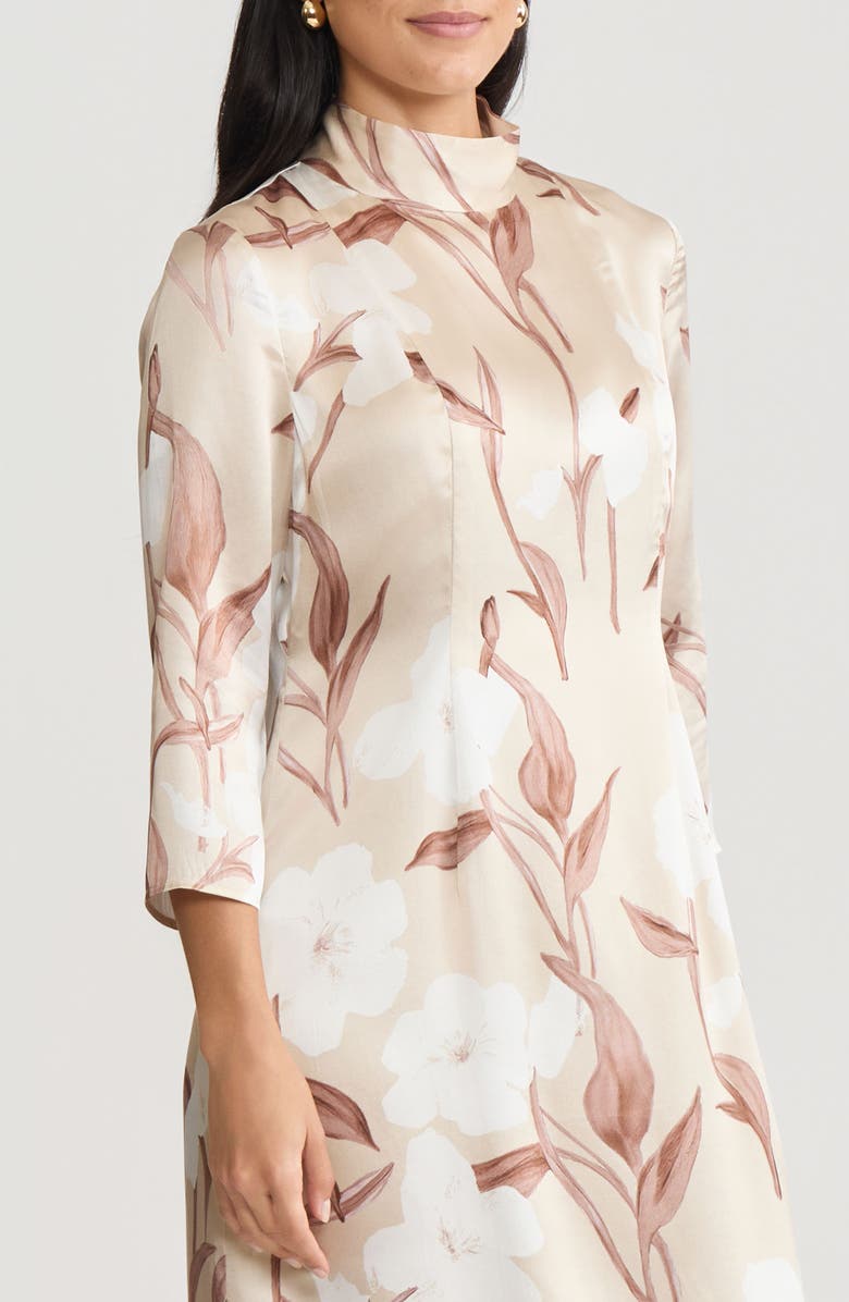 Misook A-Line Floral Print Silk Midi Dress, Alternate, color, Biscotti/Charmeuse