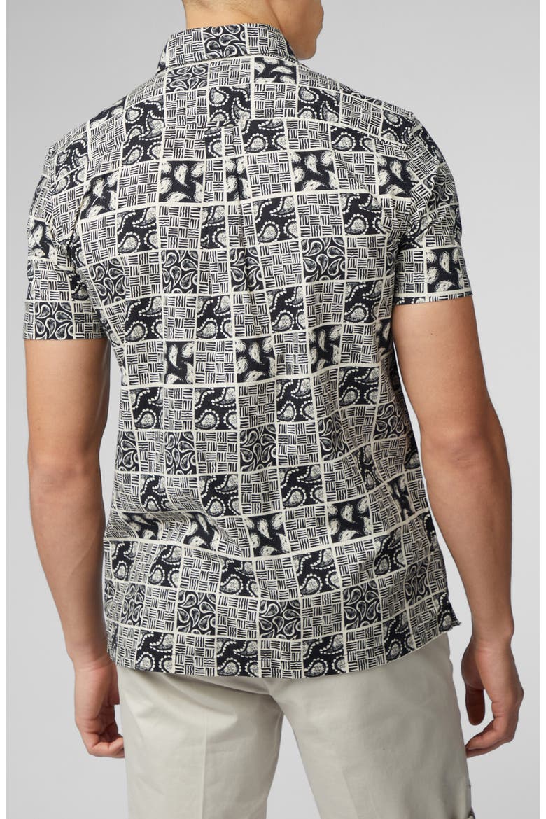 Checkerboard Paisley Print Short Sleeve Button-Down Shirt, Alternate, color, BLACK