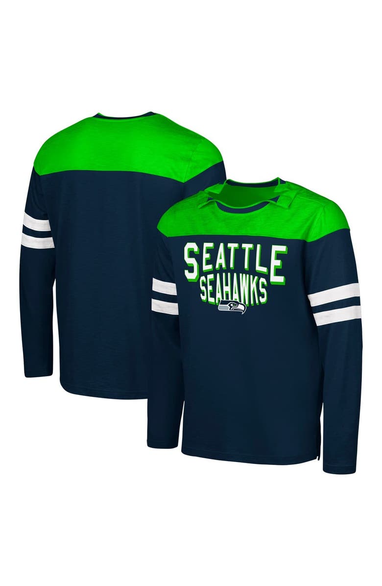G-III SPORTS BY CARL BANKS Men's G-III Sports by Carl Banks College Navy/Neon Green Seattle Seahawks Adaptive Hail Mary Long Sleeve T-Shirt, Main, color, College Navy