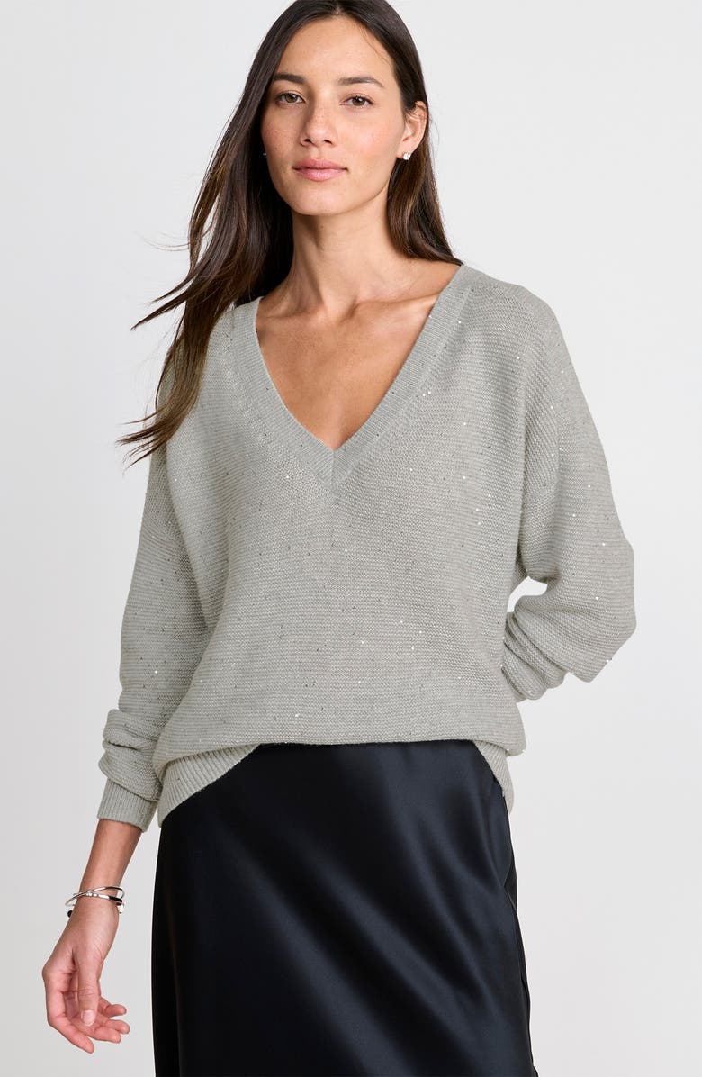 vineyard vines Sequin Accent Wool & Cashmere V-Neck Sweater, Alternate, color, Light Gray Heather