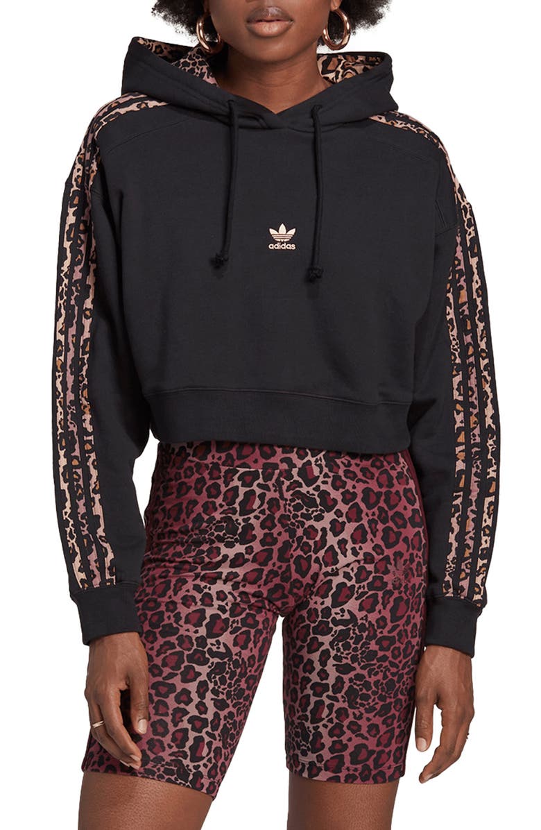adidas Originals 3-Stripes Leopard Print Crop Cotton Hoodie, Main, color, 