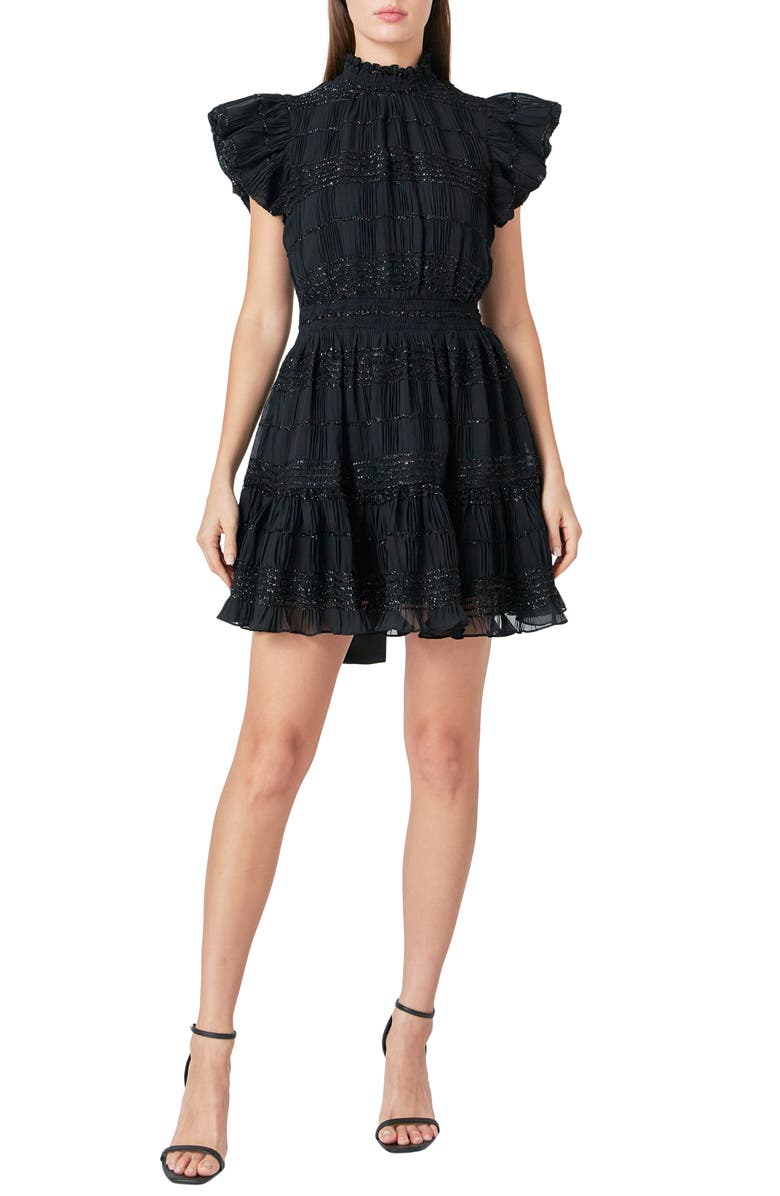 Endless Rose Metallic Ruffle Smocked Chiffon Minidress, Main, color, Black