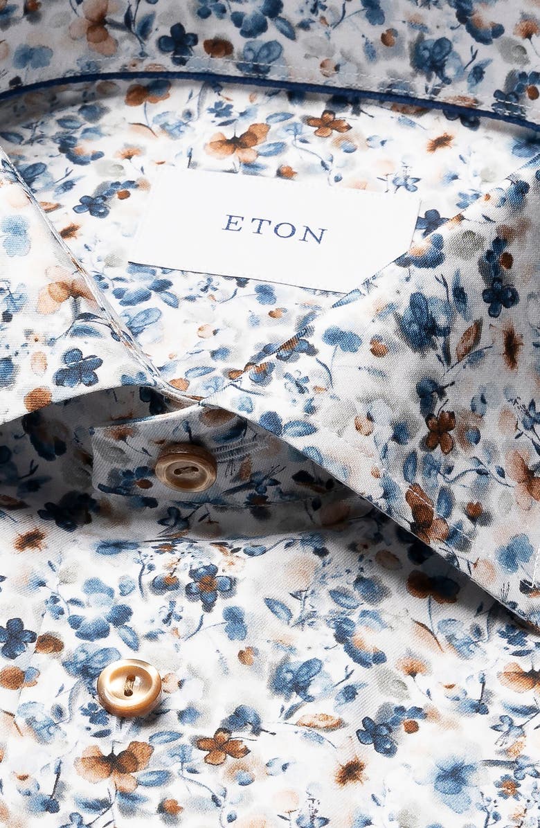Eton Contemporary Fit Floral Cotton Dress Shirt, Alternate, color, White/ Medium Brown