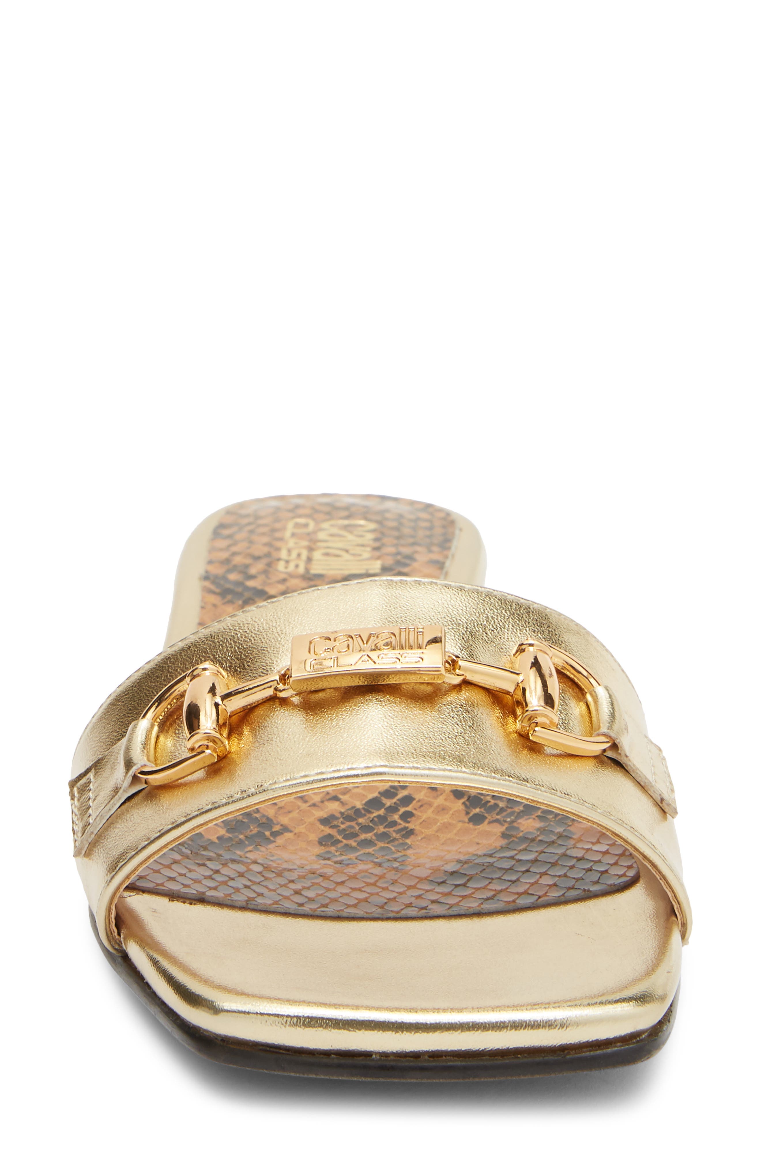 Roberto Cavalli Flat Slide Sandal, Alternate, color, Gold