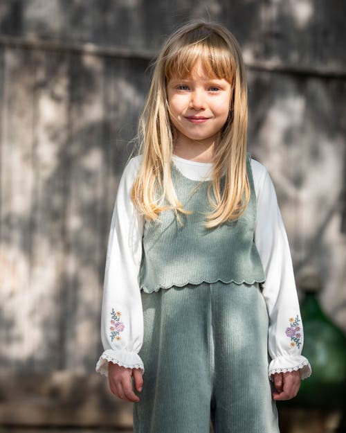 Deux Par Deux Jersey Top With Embroidered Floral Sleeves In White