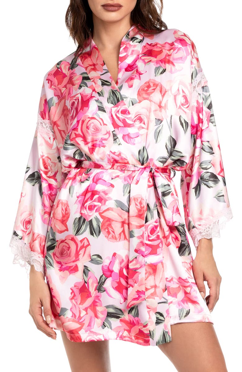 In Bloom by Jonquil Ella Floral Lace Trim Satin Robe, Main, color, 