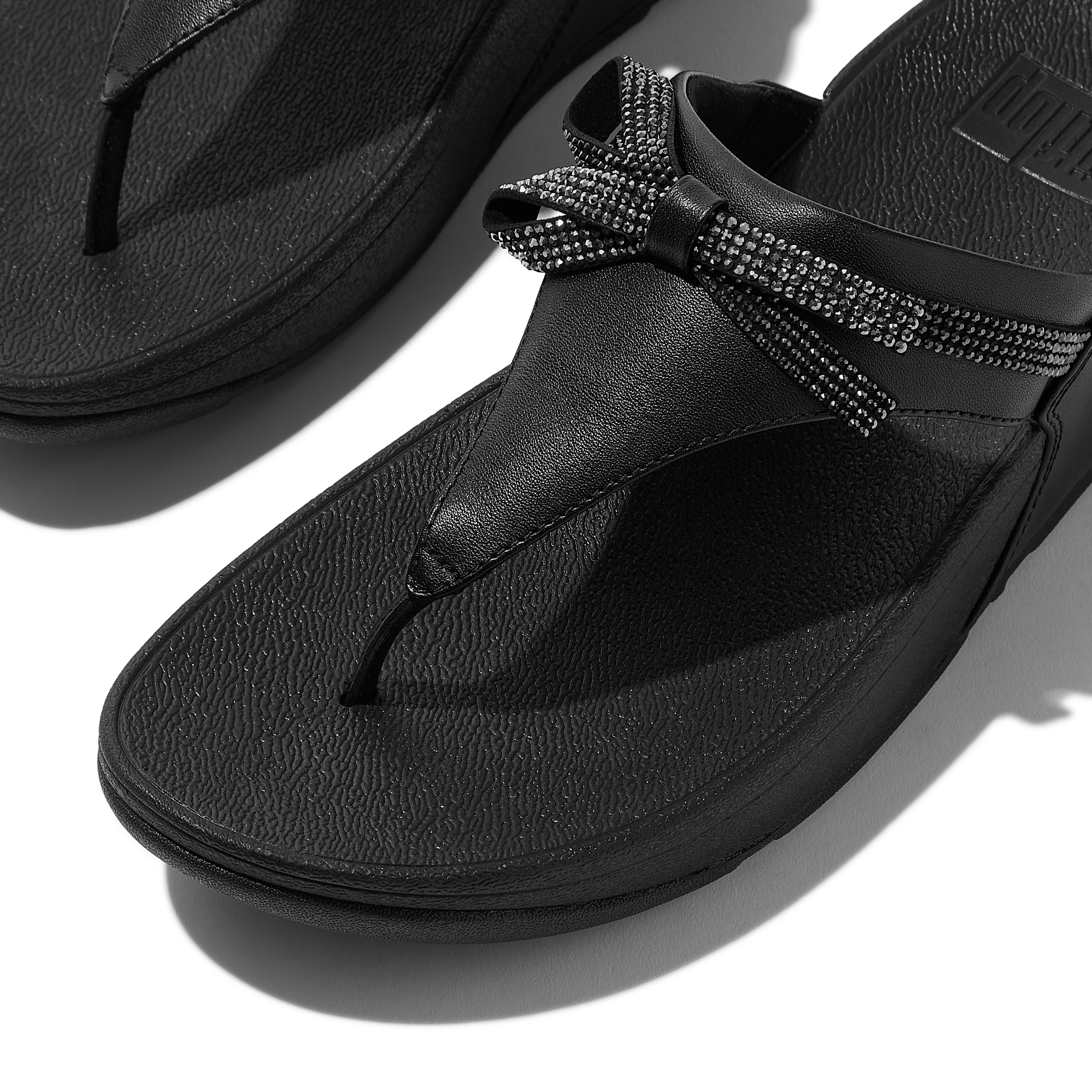 FitFlop Lulu Glitz Bow Leather Toe Post Sandals, Alternate, color, All Black
