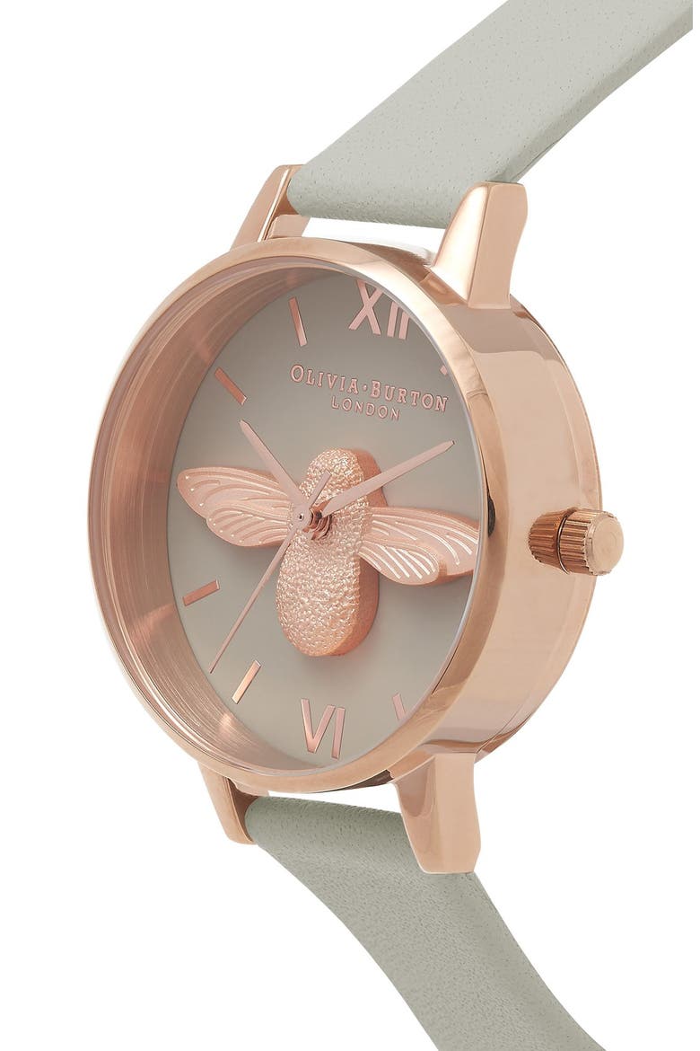 Animal Motif Leather Strap Watch, 30mm, Alternate, color, MOULDED BEE GREY/ ROSE GOLD