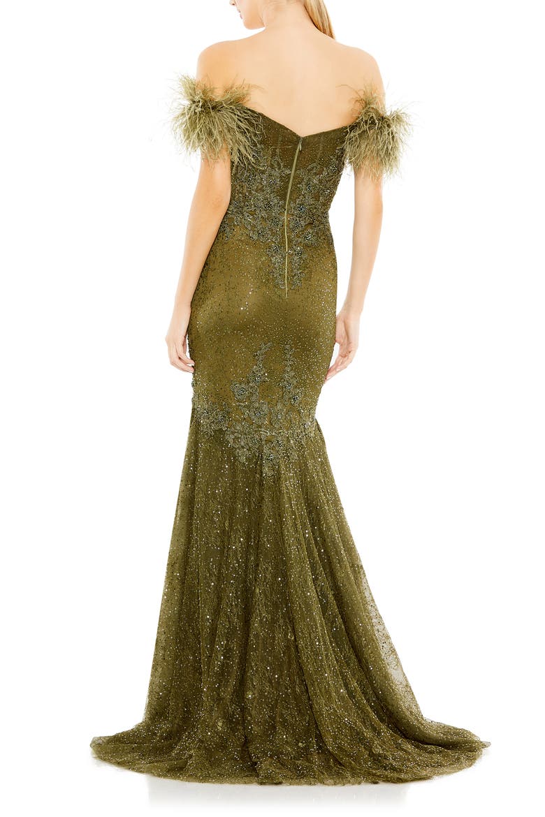Beaded Feather Trim Off the Shoulder Mermaid Gown, Alternate, color, OLIVE